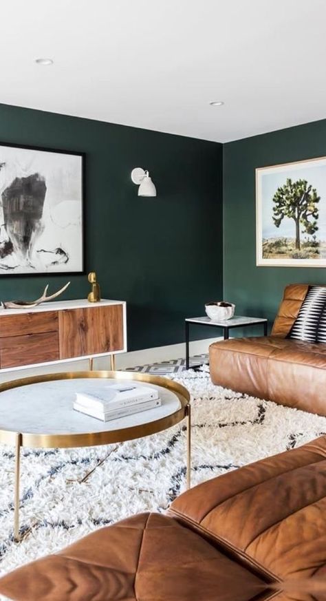 dark green walls contrast warm brown leather furniture and make the living room very relaxing Brown Leather Furniture, Living Room Colour Schemes, Dark Green Walls, Tiny Living Rooms, Living Room Color Schemes, Room Color Schemes, Living Room Green, Lounge Decor, Living Room Color