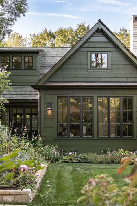 Green House Exterior Black Windows, Dark Green Exterior Cottages, Cream House With Green Trim, Green Color Exterior House, Dark Exterior Craftsman House, Green Paint Colors Exterior, Earthy House Exterior, Sage Green Exterior House, Green Board And Batten Exterior