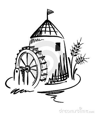 Mill On Water Stock Photo - Image: 49415082 Croquis, Water Mill Illustration, Sketching Architecture, River Drawing, Emote Ideas, Old Water Pumps, Windmill Art, Nails Collection, Vintage Business Cards