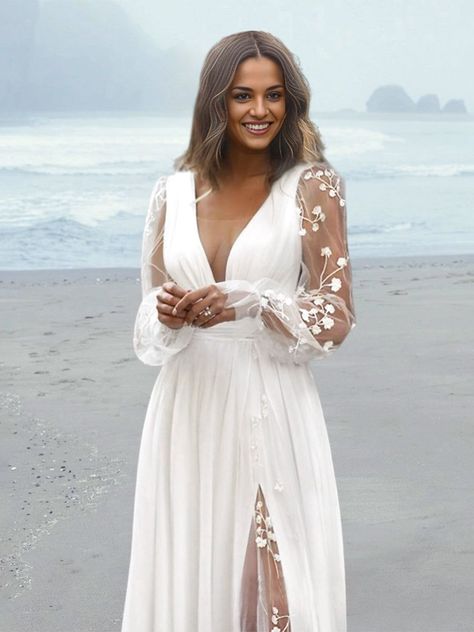 A-Line/Princess V-Neck Floor-length Wedding Dress -  #ALinePrincess #Dress #Floorlength #Vneck #Wedding Boho Beach Wedding Dress Long Sleeve, Wedding Dresses Beach Wedding, Wedding Dresses For Hot Weather, Lomg Sleeve Wedding Dress, Wedding Dresses Body Type, Tummy Flattering Wedding Dresses, Maori Wedding Dress, Boho Fall Wedding Dress Long Sleeve, Outdoor Mountain Wedding Dress