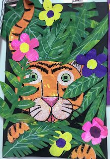 Elements of the Art Room: 3rd Grade Painted Paper Henri Rousseau and Cassie Stephens inspired Tiger Collage Henri Rousseau Tiger, Koi Fish Art Project, Painted Paper Art Projects, Grade 3 Art Lessons, Cultural Art Lessons, Spring Art Lessons Elementary, Grade 3 Art Projects, Cassie Stephens Art Lessons, Grade 1 Art Ideas