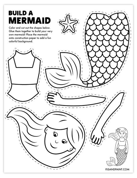 free printable build a mermaid craft Mermaid Cutouts Printable, Build A Princess Printable, Build A Fish Craft, Paper Mermaid Craft, Mermaid Coloring Sheets Free Printable, Mermaid Theme Crafts, Mermaid Art And Craft, Mermaid Learning Activities, Art Projects For Toddlers Easy Summer