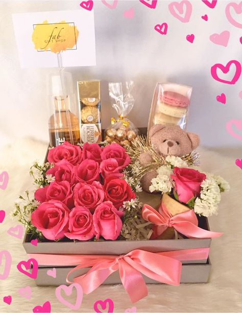 Gift Box With Flowers And Chocolate, Valentines Gift Hamper Ideas, Teddy Bear Gift Box Ideas, Roses In A Box Gift Diy, Valentine Gifts Box Ideas, Flower And Chocolate Gift Boxes, Box With Sweets Gift Ideas, Valentines Gift Box Ideas For Her, Chocolate And Flowers Gift Boxes