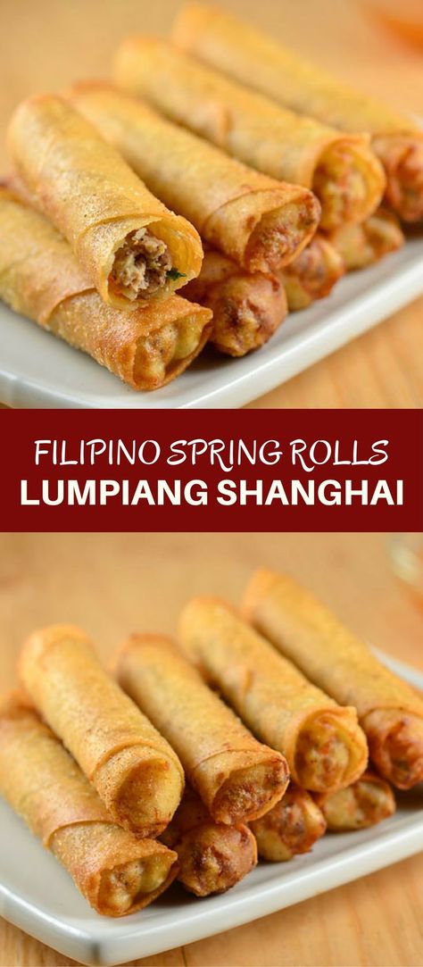 Lumpiang Shanghai filled with ground chicken, water chestnuts, and green onions. Golden, crisp and in fun bite-size, these Filipino meat spring rolls are absolutely addicting! via @lalainespins Filipino Recipes, Lumpiang Shanghai, Lumpia Recipe, Chicken Spring Rolls, Fest Mad, Mapo Tofu, Water Chestnuts, Filipino Dishes, Asian Cooking