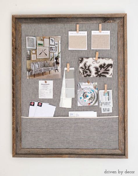 Get organized! Sharing a quick and easy DIY tutorial for making a fabric-covered, framed cork bulletin board with a catch-all fabric pocket. Diy Framed Cork Board, Diy Cork Board Ideas, Diy Memo Board, Office Bulletin Boards, Fabric Bulletin Board, Diy Cork Board, Diy Bulletin Board, Bulletin Board Design, Driven By Decor