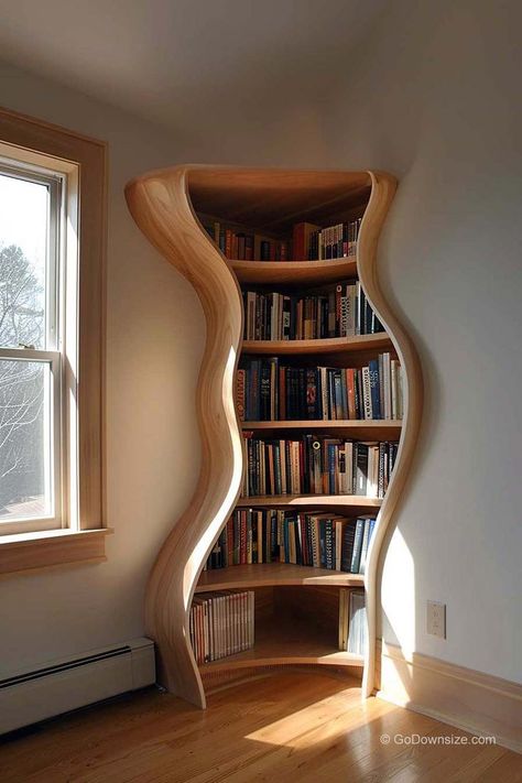 This unconventional bookshelf is far from ordinary; it’s a conversation starter, a head-turner, and a statement piece all rolled into one! Unconventional Room Ideas, Cool House Decorations, 70s Eclectic Bedroom, Cool House Decor Ideas, Creative House Decor, Home Decoration Living Room, Curvy Bookshelf, Cool House Stuff, Interrogation Room Aesthetic