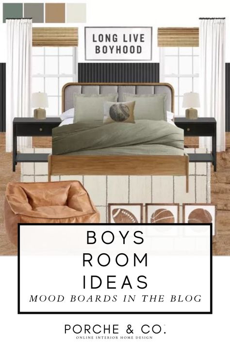 Porche & Co. is sharing boys room ideas, boys bedroom designs and a few of our favorite boys room mood boards in the blog. You will also find tips for where to purchase the decor and home accents in our designs. Head to the blog to see a selection of boys room style ideas and other room decor that we love. Boys Room No Theme, Teen Boy Bedroom Green, Boys Room Color Ideas, Shared Boys Room Ideas, Boho Boys Bedroom, Boys Bunkbed Bedroom Ideas, Boys Room Ideas Shared, Boys Shared Bedroom Ideas, Preteen Boys Bedroom Ideas