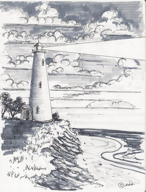 How to Draw Worksheets for The Young Artist: How to Draw a Lighthouse, Outdoor Scene Drawing, Outdoor Drawings, Scenes To Draw, Draw A Lighthouse, Outdoor Drawing, Scene Sketch, Landscape Drawing Tutorial, Lighthouse Drawing, Gambar Lanskap