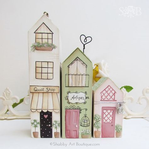 DIY - shabbilicious Village Shops by Kerryanne English for Shabby Art Boutique.com © 2011 Shabby Art Boutique, Small Wooden House, Wood Block Crafts, Hout Diy, Art Boutique, Village Shop, Decor Shabby Chic, Clay Houses, Block Craft