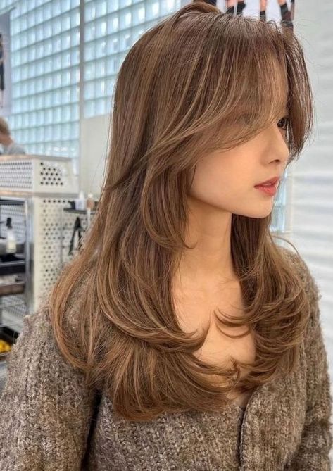 Hairstyle Korean Long Hair With Curtain Bangs, Korean Haircut Style, Layered Hair U Shape, Butterfly Haircut Front And Back, Cute Haircuts For Brown Hair, Layers Hair Straight, Butterfly Haircut From The Back, Butterfly Haircut Front View, Trendy Haircuts For Long Hair 2024