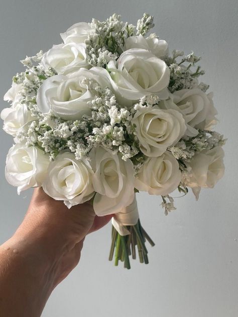 Rose And Gypsophila Bouquet, Silk Flowers For Wedding, Gypsophila Bouquet, White Rose Wedding Bouquet, Handmade Bouquet, Simple Wedding Bouquets, Wedding Boquet, Flowers For Wedding, White Roses Wedding