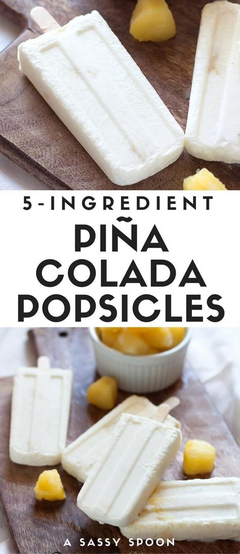 Pretend like it's Summer all year long with these easy to make creamy piña colada popsicles made with just 5 ingredients!  via @asassyspoon Ice Lolly Recipes, Pina Colada Popsicles, Healthy Summer Treats, Coconut Popsicles, Boozy Popsicles, Homemade Popsicles, Pineapple Coconut, Popsicle Recipes, 2 Ingredient