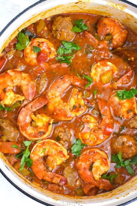 Shrimp Creole with Sausage - GypsyPlate Buttered Seafood, Creole Recipes Louisiana, Dorm Meals, Shrimp And Andouille Sausage, Cajun Ninja, Sausage Creole, Jambalaya Soup, Shrimp And Sausage Gumbo, Cajun Christmas