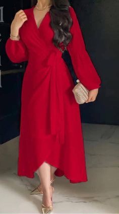 Modest Formal Dresses With Sleeves Classy, Modest Red Dress Classy, Red Wrap Around Dress, Wrap Formal Dress, Red Formal Dress Outfit, Deres Woman Party, Long Wrap Dress Outfit, Vestidos Vintage Juveniles, Smart Casual Dresses For Women