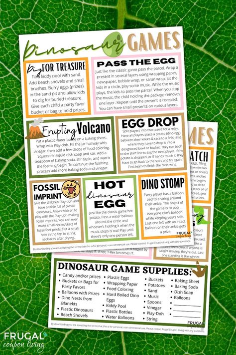 It's a Jurassic party! Young dinosaur fans will love these dinosaur party games. Download, print and enjoy 11 dinosaur-themed activities that will guarantee a roar-tastic party for a birthday guy (or gal) and their party guests. #FrugalCouponLiving Dinosaur Crafts For Birthday Party, Jurassic Park Birthday Party Activities, Dinosaur Party Games Activities, How Do Dinosaurs Stay Friends Activities, Games For Dinosaur Birthday Party, Dinosaur Themed Party Games, Jurassic Park Party Activities, Dinosaur Themed Party Favors, Dino Party Games For Kids