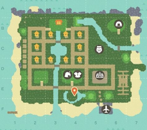 animal crossing new horizons organized and structured map layout Island Layout Animal Crossing Ideas, Anch Map Layout Ideas, Map Layout Acnh, Aesthetic Island Animal Crossing, Acnh Island Ideas Map, Animal Crossing Basic Island Layout, Animal Crossing Village Layout, Village Layout Animal Crossing, Acnh Simple Map Layout