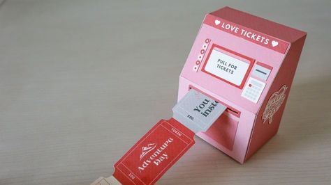 Copy of Love Tickets Machine Ticket Booth Diy Cardboard, Diy Ticket Box, How To Make Tickets Diy, Ticket Box Diy, Ticket Present Ideas, Diy Tickets For Boyfriend, Love Cupones For Boyfriend, Valentines Present Ideas, Diy Ticket Booth