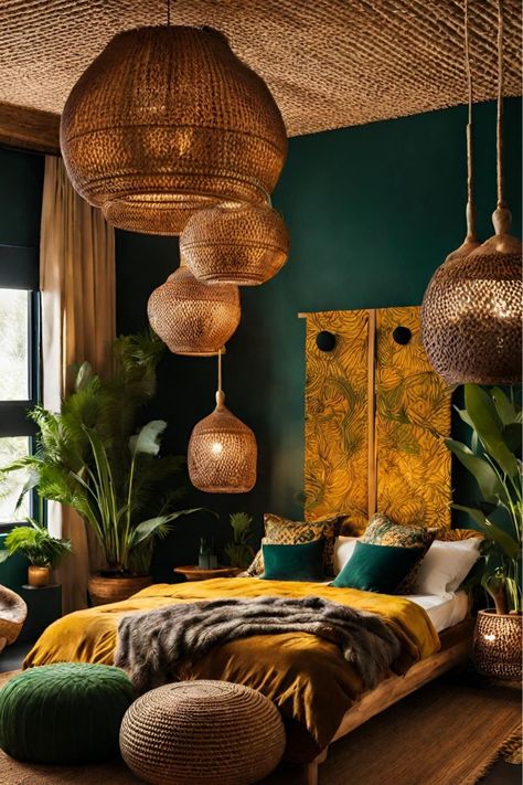 African Bedroom Design, African Inspired Bedding, African Inspired Decor Bedroom, African Home Interior Design, Greenery In Bedroom Decor, African Boho Kitchen, Art Deco Boho Bedroom, Bedroom African Style, Bohieman Aesthetic