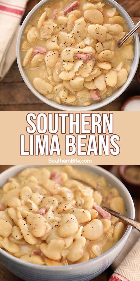 The recipe for these Southern Lima Beans (also know as butter beans or dried limas) is simple, easy, and only calls for a handful of ingredients. The super rich, creamy broth and smoky flavor is what sets them apart. Southern Lima Beans, Beans Recipe Crockpot, Lima Bean Recipes, Butter Beans Recipe, Southern Cooking Recipes, Dinner Thanksgiving, Southern Recipes Soul Food, Bean Soup Recipes, Lima Beans