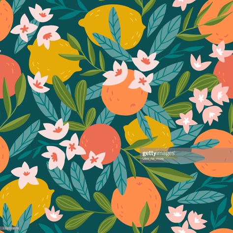 stock illustration : Tropical summer fruit seamless pattern. Citrus tree in hand drawn style. Vector fabric design with oranges, lemons and flowers. Tropical Illustration, Motif Tropical, Illustration Blume, Feature Wallpaper, Fruit Wallpaper, Summer Illustration, Fruit Illustration, Citrus Trees, Tropical Summer