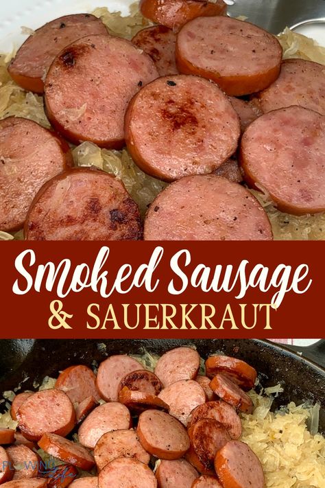 Lightly browned kielbasa, a popular smoked sausage, tastes great served on a warm bed of sauerkraut.   Kielbasa and Sauerkraut is an easy family dinner that can be made quickly in a skillet, in the oven as a sheet pan meal, crock pot, air fryer, or instant pot.  This simple recipe is a regular on our menu and one of the best meals that we make! Smoked Sausage And Sauerkraut Recipe, Keilbasa And Sauerkraut, Saurkraut And Sausage, Saurkraut And Kielbasa, Beef Smoked Sausage Recipe, Smoked Sausage Dinner Recipes, Smoked Sausage Dinner, Sausage Dinner Recipes, Sauerkraut And Sausage