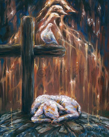 Stunning painting of a lamb sleeping next to a cross, surrounded by a night sky resembling fire. A white dove sits on the cross and is surrounded by dove shapes echoing up into the sky. This piece has particular symbolic meaning for Christians, where the lamb represents Jesus Christ who sacrificed his life on the cross for our salvation, and the Holy Spirit is represented by the dove and fire, which are seen raining down onto the earth below. Lamb Sleeping, Painting Spiritual, Spiritual Christian, Spirit And Rain, Inspirational Paintings, Dove Painting, Church Painting, Sleeping Drawing, Christian Paintings