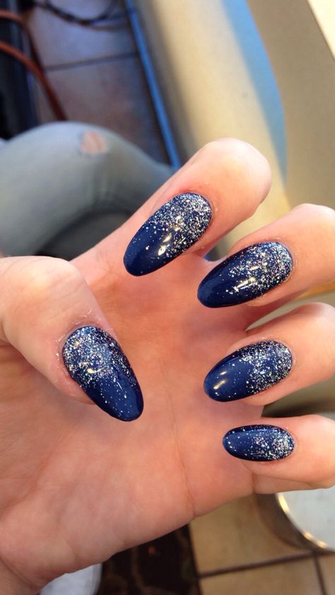 Navy Blue And Silver Nails Coffin, Silver Nails With Navy Blue, Silver Navy Blue Nails, Navy Blue And Silver Prom Dress, Dark Blue And Silver Glitter Nails, Dark Navy Blue And Silver Nails, Navy Blue And Silver Almond Nails, Nail Ideas For Blue Prom Dress, Fancy Navy Nails