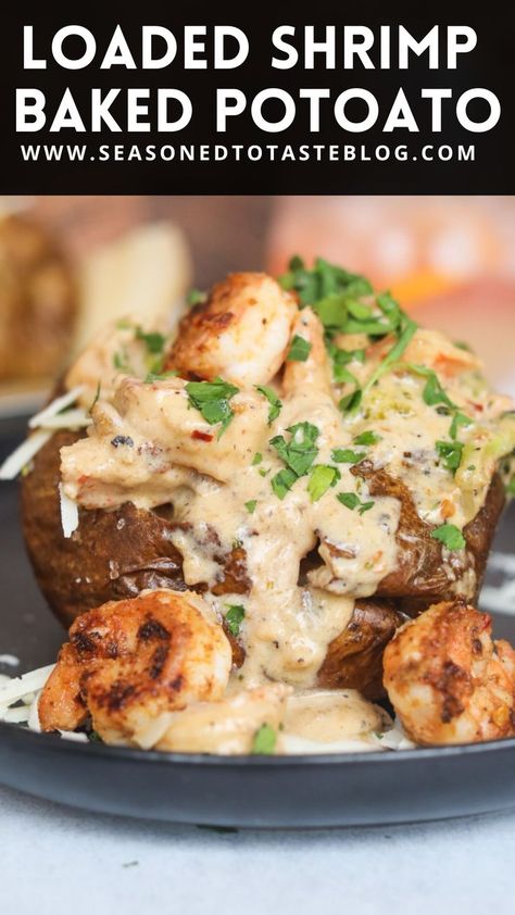 Essen, Potato Recipes Bbq, Shrimp Baked Potato Recipe, Loaded Shrimp Baked Potato, Stuffed Potato Recipes, Shrimp Baked Potato, Baked Potato Dinner, Creamy Cajun Sauce, Baked Potato Toppings