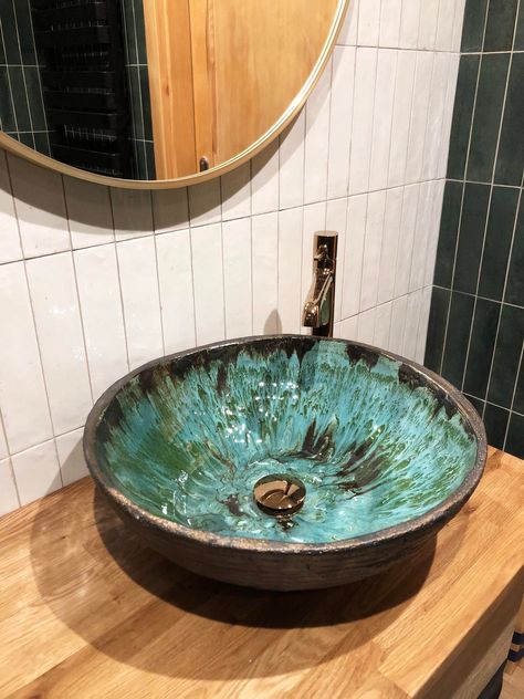 Ceramic Green Sink Handcrafted Vessel Sink for Bathroom in Forest Tones Handmade sink, Forest-inspired basin, Vessel sink, Bathroom decor Handmade Sink, Sink For Bathroom, Countertop Washbasin, Counter Top Sink Bathroom, Green Sink, Sink Decor, Ceramic Inspiration, Forest Color, Countertop Basin