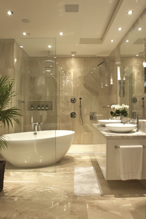 Step into luxury with this modern bathroom featuring polished beige marble tiles, recessed lighting, and a sleek freestanding bathtub. The vanity area boasts white vessel sinks, a marble countertop, and a large mirror for a spacious feel. The glass-enclosed shower area offers a rainfall showerhead, built-in shelves, and a stylish potted plant for a touch of greenery. Experience elegance and functionality in one space! Cute House Bathroom, Dream Bathrooms Luxury Modern White, Aesthetic Luxury Bathroom, My Dream Home Bathroom, Modern Large Bathroom, Aesthetic House Interiors Bathroom, Bath Next To Window, Modern Makeup Room, Pretty Pink Bathroom