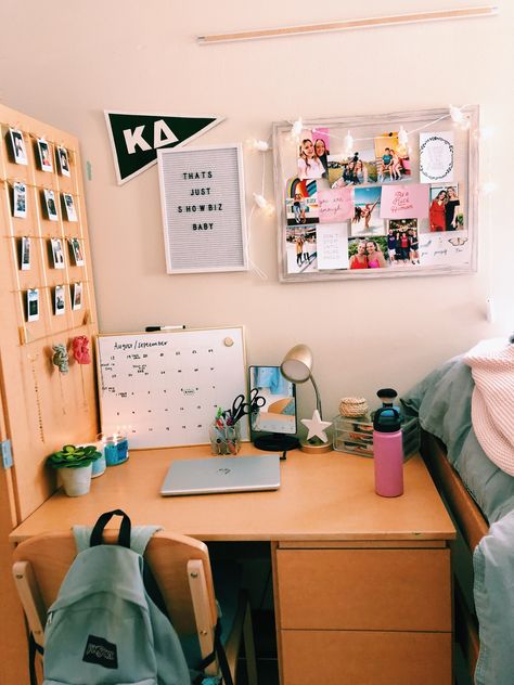 #college #dorm #vsco Dorm Office Space, Desk In Dorm Room, Fun Dorm Room Decor, Desk College Ideas, College Dorm Room Ideas Desk Under Bed, College Dorm Room Desks, Cute Dorm Desk Ideas, Dorm Setup Layout, Iowa State Dorm Room Ideas