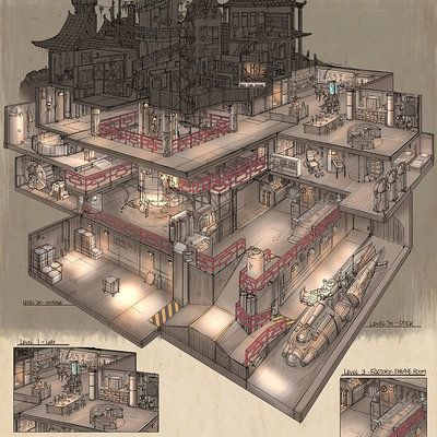 Secret Underground Base Concept Art, Underground Lair Concept Art, Underground Base Concept Art, Secret Lair Concept Art, Underground Facility Concept Art, Underground House Design, Game Map Design, Asian Castle, Steampunk Map