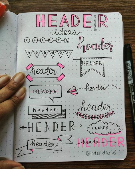 Adding headers or titles to your bullet journal adds a nice touch to your spread. Plus, headers let you know what your page is about as soon as you land on it. Bullet Journal Fonts, Notesbog Design, Diy Kalender, Bullet Journal Headers, Beautiful Dawn, Title Ideas, Schrift Design, Bullet Journal Font, Sketch Note