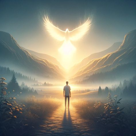 An image symbolizing the essence of 2 Timothy 1:7, focusing on overcoming fear with the Holy Spirit's power. The scene depicts a serene landscape, possibly at dawn, with a faint representation of the Holy Spirit in the form of a dove hovering above. In the foreground, a person stands facing a path that leads towards a light, symbolizing guidance and courage. The light is warm and inviting,... Faith Pictures Image, Courage Pictures, Love In Bible, Holy Spirit Images, Images Of God, Holy Spirit Art, Come Holy Spirit, Jesus Love Images, Jesus Gif