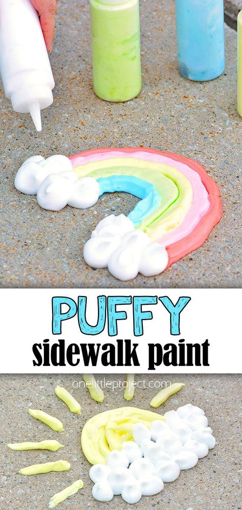 This puffy sidewalk paint is SO FUN to paint with and so easy to make! It's such a great outdoor craft for summer, and kids will love mixing their own paint and drawing outside. In less than 10 minutes you can make your own washable sidewalk foam paint using 3 simple ingredients. Such a fun kids craft for summer! Easy Outdoor Preschool Activities, Shaving Cream Painting Toddlers, Foam Chalk Paint, Chalk Paint For Kids Outside, Summertime Toddler Crafts, Chalk Paint Sidewalk, Sidewalk Puffy Paint Recipe, Outdoor Summer Crafts For Kids, Outdoor Kids Crafts Summer