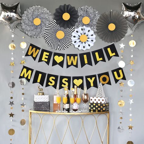 PRICES MAY VARY. We Will Miss You Decorations Kit Includes - 1 x "We Will Miss You" banner(You Don’t Need To ASSEMBLE BY YOURSELF),6 x Folding Paper Fans, 1 x 13ft Sparkling paper star garlands，2 x Star Shape Foil Balloons. (Color: Black, Gold, White and Silver) CELEBRATE IN STYLE - Unique and brilliant black-gold theme party decorations will give you a black and gold world. New upgraded, super-rich party decorations, enough to decorate your farewell party. Black-gold color can add an atmosphere Retirement Party Decorations For Women, 65 Birthday Decorations, Money Package, Farewell Party Decorations, Farewell Decorations, Happy Retirement Banner, Retirement Banner, Retirement Decorations, Black And Gold Theme