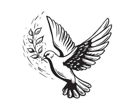 Flying dove of peace with an olive twig, hand drawn Illustration, vector. Flying Dove Drawing, Dove Tattoo Small, Dove Illustrations, Dove Drawing, Flying Dove, Dove Of Peace, Totem Animal, Small Forearm Tattoos, Tree Saw