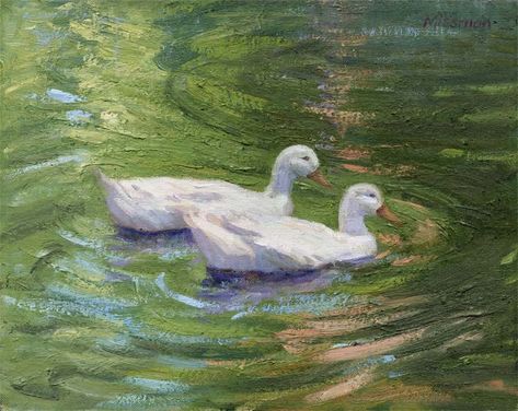 Two White Ducks by Margaret Ann Missman, 11"x14" oil on canvas Duck In Water, Pond Painting, Seni Vintage, Large Canvas Painting, Water Element, At Peace, Clay Art Projects, Aesthetic Drawing, White Ducks