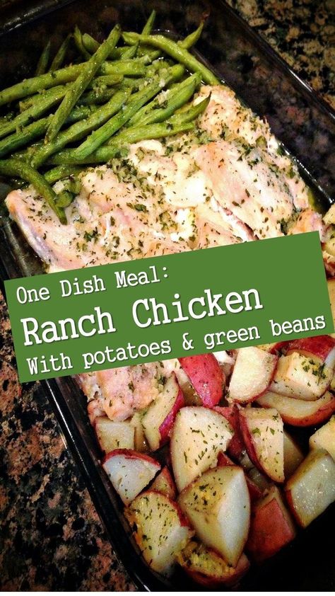 I made this dish used boneless chicken thighs instead and also added gluten free chicken bullion!!! "Delish" Ways To Use Ranch Seasoning, One Pan Wonder, Potatoes Green Beans, Chicken With Potatoes, Chicken Green Beans, Ranch Mix, Potato Bake, Homemade Ranch, Pan Meals