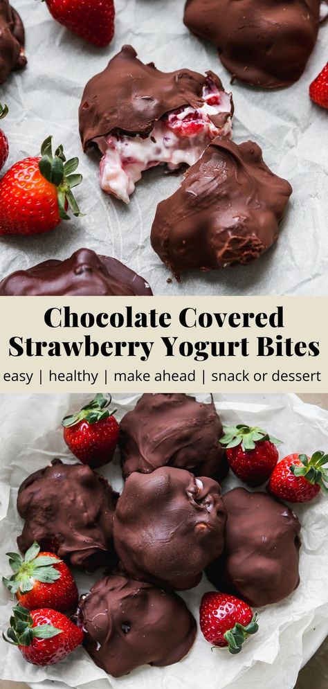 Pinterest graphic for a chocolate covered strawberry yogurt bites recipe. Strawberry Yogurt Clusters, Strawberry Yogurt Bites, Yogurt Clusters, Yogurt Bites, Chocolate Covered Strawberry, Healthy Deserts, Healthy Sweet Treats, Strawberry Yogurt, Makanan Diet