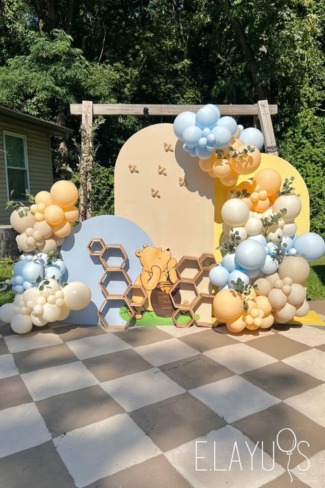 classic winnie the pooh, honey theme, neutral theme, baby shower ideas, boy baby shower, girl baby shower, neutral balloons Winnie The Pooh Birthday Balloon Arch, Balloon Arch Winnie The Pooh, Whine The Pooh Baby Shower Boy, Winnie The Pooh Gender Reveal Backdrop, Winnie The Pooh Birthday Party Balloons, Boy Baby Shower Themes Winnie The Pooh, Boy Baby Shower Ideas Winnie The Pooh, Baby Shower Ideas Themes Boy, Classic Winnie The Pooh Gender Reveal