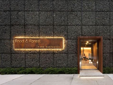 stone / corten steel / signage | facade that | Pinterest | Corten ... Forest Restaurant, Restaurant Facade, Restaurant Entrance, Restaurant Signage, Entrance Signage, Gabion Wall, Exterior Signage, Park Restaurant, Desain Signage