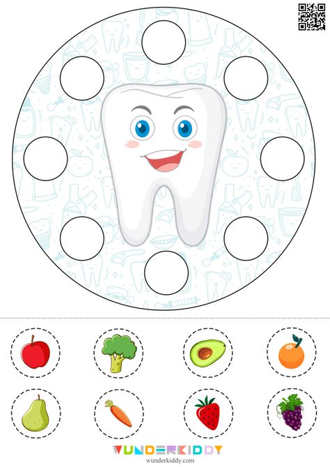 Playing in printable learning game Healthy Teeth, you can in an interesting and easy way teach children what food is good for teeth and what damages them. It is a good occasion to talk with preschoolers about healthy nutrition. The game task is to sort kitchen stuff into two groups depending on their impact on teeth. Print activity sheets for free and cut out cards with food pictures and two round playfields. To fix cards on the playfields, you will need clothespins or velcro. First discuss with Best Food For Teeth, Healthy Food Activities For Preschool Free Printables, Socioemotional Activities, Teeth Activities For Preschool, Teeth Preschool Activities, Healthy Food Activity, Teeth Activities For Kids, Tooth Preschool Activities, Teeth Activity