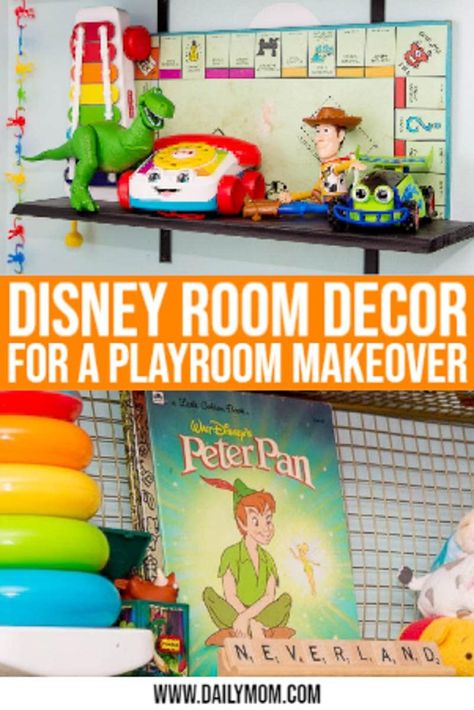 Kids Disney Playroom, Disney Inspired Toddler Room, Disney Theme Office Decor, Disney Movie Room Ideas, Disney Themed Basement, Disney Touches At Home, Disney World Themed Bedroom, Vintage Disney Playroom, Disney Inspired Playroom