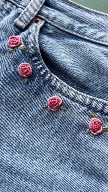 Jenny ~ Embroidery Art, Design & Crafts on Instagram: "Roses 💐 pretty don’t you think! 😊 these are made up of bullion knots. . . #bullionknots #bullionknot #upcycledclothing #upcycledfashion #knitwear #embroideredclothing #embroidereddenim #embroideredclothes #embroideredflorals #learntoembroider #mindfulart #slowstitching #sewingproject #embroiderypatterns #bordadolivre #createdtocreate #diycrafts #slowcraft #dmcthreads #dmcembroidery #springflowers #embroiderydesign #beginnerembroidery #embroiderywork #denimembroidery #sustainablefashion #embroiderhappyhoops #embroiderytutorial #embroideryprocess" Bullion Knot, Skirt Embroidery, Embroidery Jeans Diy, Embroider Ideas, Clothes Embroidery Diy, Denim Embroidery, Learning To Embroider, Instagram Roses, Stitch Clothes