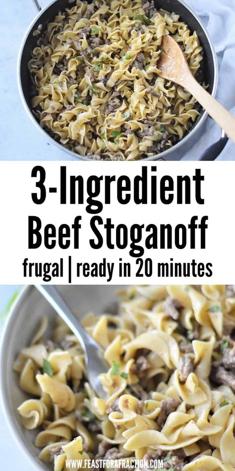 Quick & Easy 3-Ingredient Beef Stroganoff! Perfect for busy weeknights and budget-friendly too! Just grab ground beef, cream of mushroom soup, and egg noodles for a deliciously creamy dinner in minutes. Your family will love this simple and satisfying meal! Beef Stroganoff Ground Beef Easy, Hamburger Meat Recipes Ground Cream Of Mushroom, Hamburger Meat Stroganoff Recipes, Ground Beef With Cream Of Chicken, Ground Beef With Egg Noodles, Quick Stroganoff Recipe, Hamburger Recipes With Cream Of Mushroom Soup, Quick And Easy Beef Stroganoff, Easy Ground Beef Stroganoff Without Cream Of Mushroom Soup