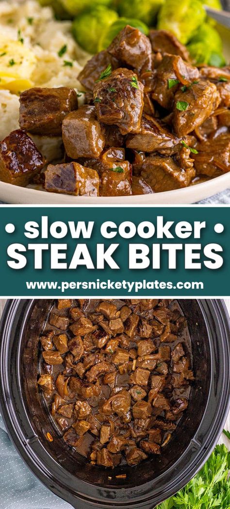 Slow Cooker Steak Bites, Slow Cooker Steak, Steak Bites Recipe, Over Mashed Potatoes, Easy Crockpot Dinners, Steak Bites, Crockpot Dishes, Beef Recipes Easy, Crockpot Recipes Slow Cooker