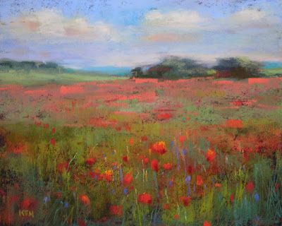 'Poppy Dreams'            8x10              pastel  It was a busy day today. I am finishing up last minute things before I leave for my crui... Poppy Field Painting, Field Of Poppies, Pastel Artwork, Pastel Sec, Poppy Art, Pastel Landscape, Poppy Painting, 수채화 그림, Poppy Field