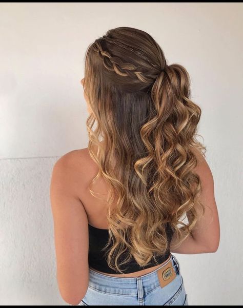 hoco hair, homecoming hair ideas, hoco hairstyles, hairstyles for hoco Half Up Ponytail With Braid, Prom Hair Strawberry Blonde, Curled Hairstyles For Formal, Fancy Updo Ponytail, Bridesmaid Hairstyles Waterfall Braid, Cute Hairstyles For Hair Short, Prom Hairstyles Half Up Half Down Curly Braids, Hair For A Bridesmaid, Half Up Bridesmaid Hair Braid