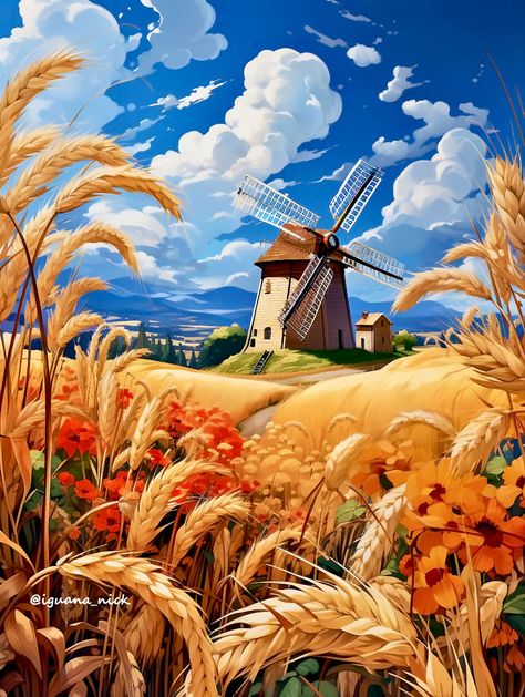 Zion Watercolor, Countryside Landscape Painting, Windmill Painting, Fantasy Artwork Landscape, Focal Point Art, Windmill Art, Golden Fields, Countryside Art, Old Windmills